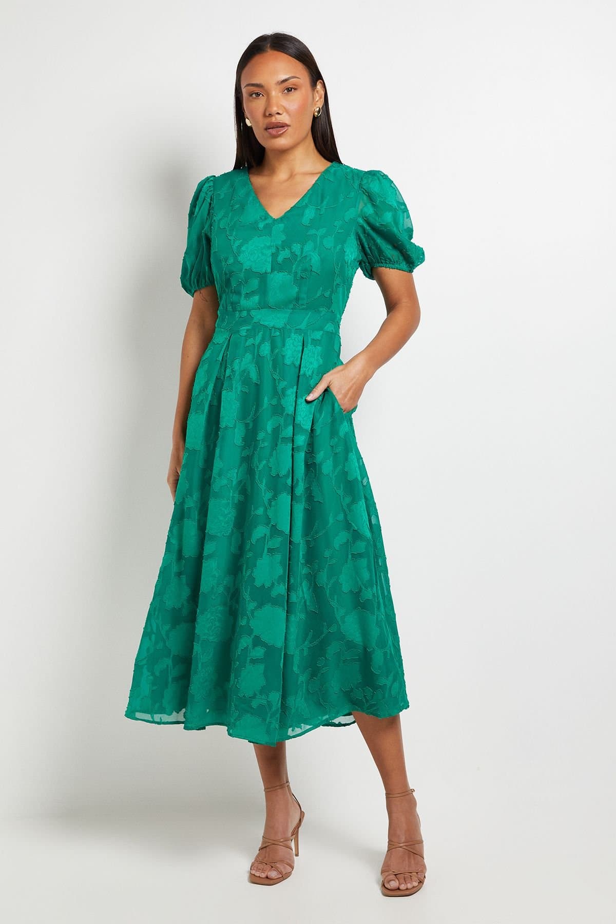 Principles Principles Women's Floral Jacquard Puff Sleeve Midi Dress in Green