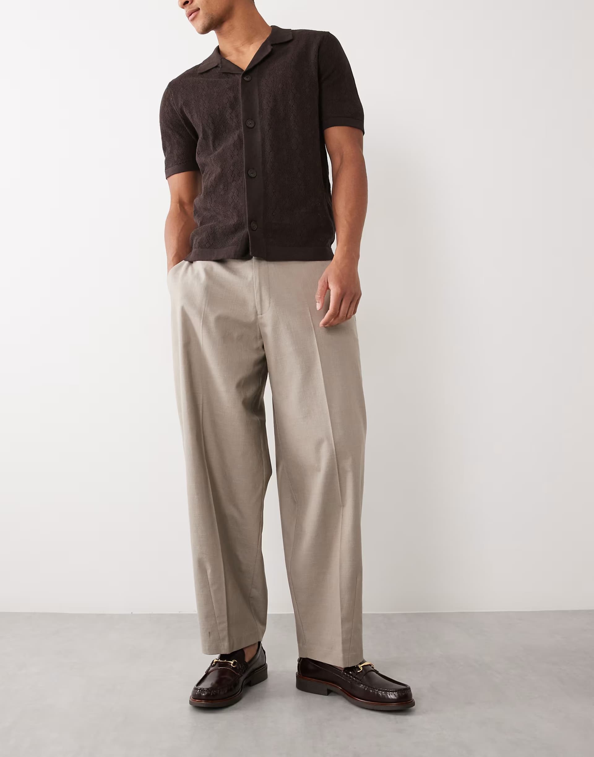 ASOS ASOS DESIGN smart belted barrel leg trousers in dark stone linen look