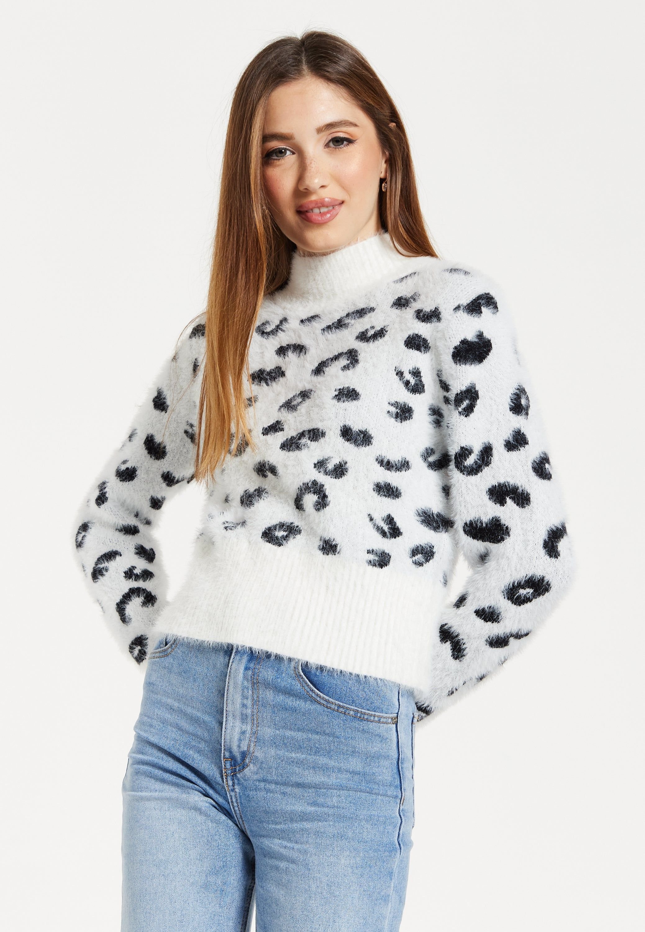Liquorish Liquorish Women's Fluffy Animal High Neck Jumper In Black & White - 2