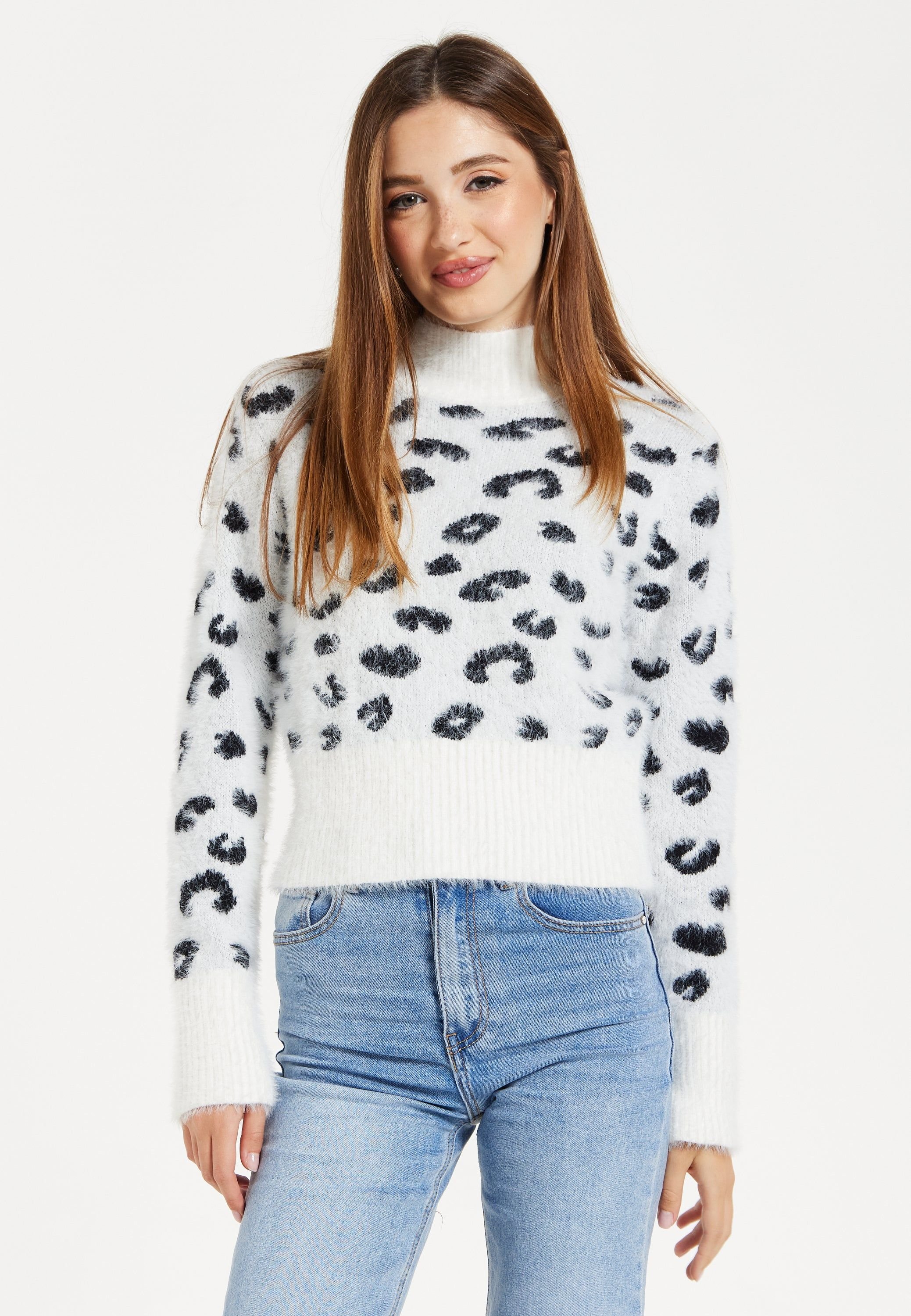 Liquorish Liquorish Women's Fluffy Animal High Neck Jumper In Black & White - 3