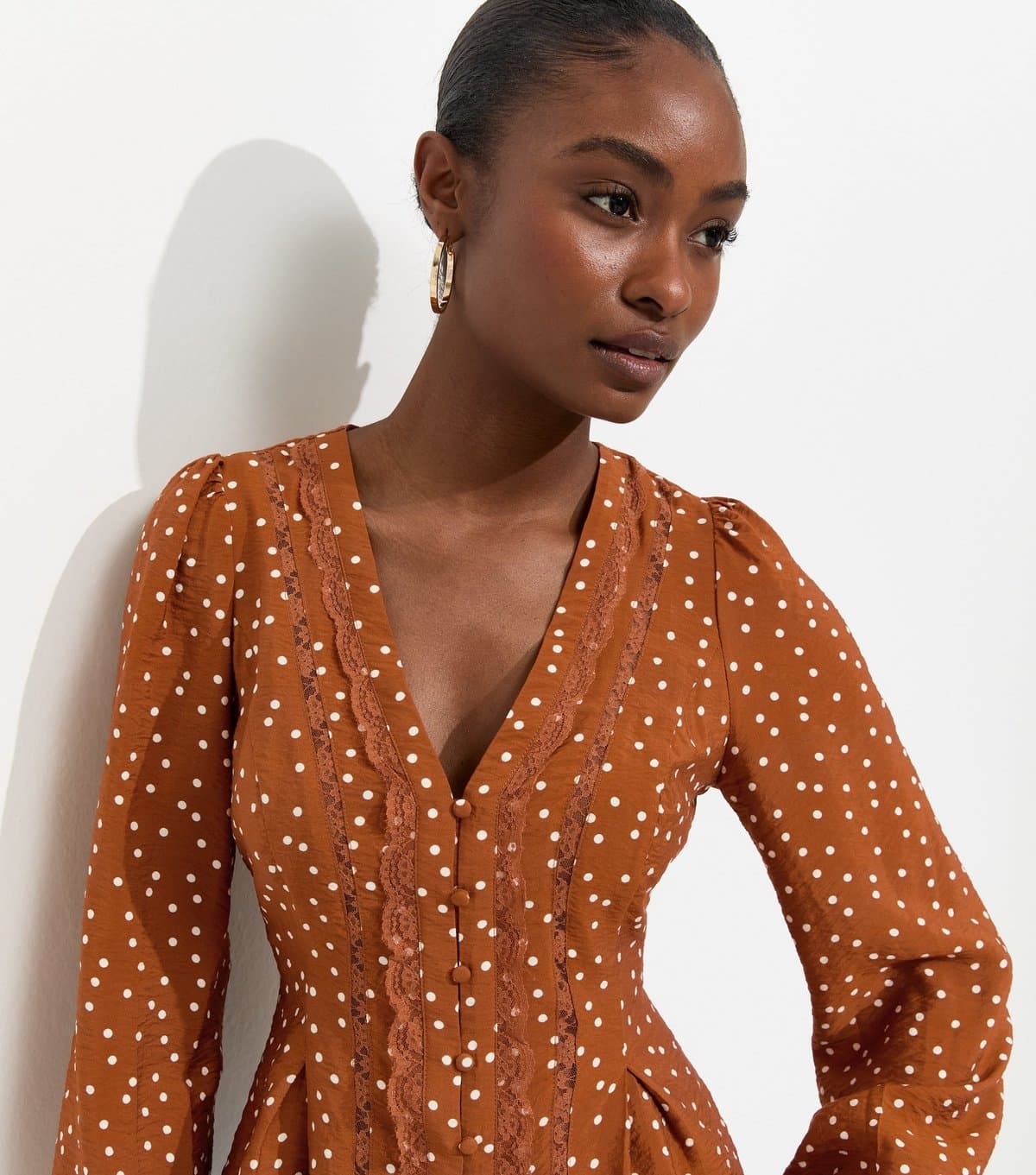 New Look Women's Orange Lace Trim Spot Print Button Blouse New Look