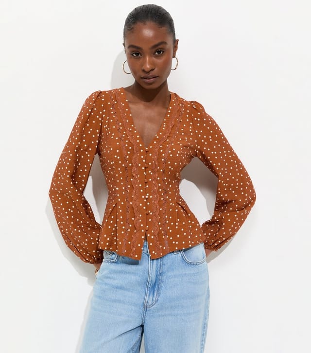 New Look Women's Orange Lace Trim Spot Print Button Blouse New Look - 2