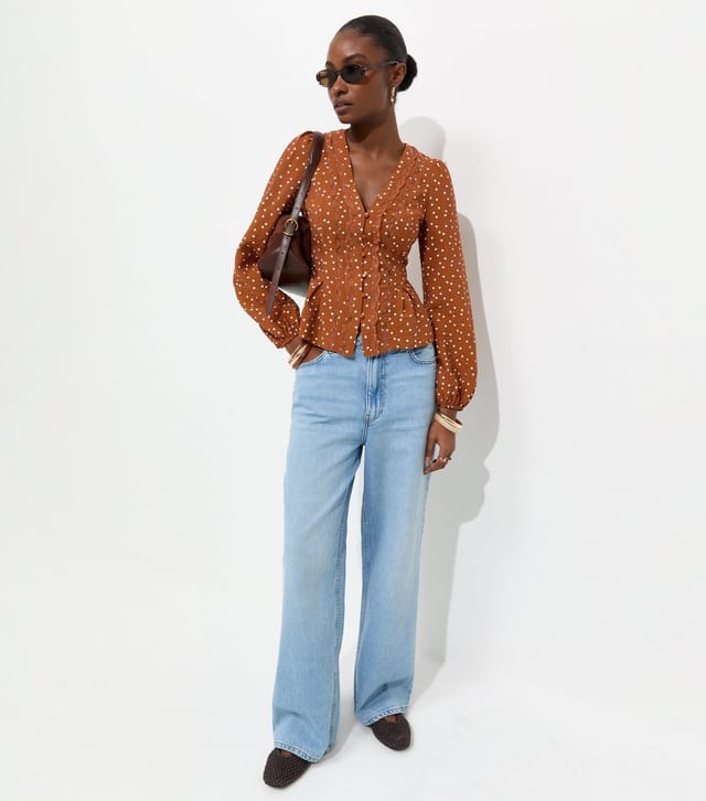 New Look Women's Orange Lace Trim Spot Print Button Blouse New Look - 3
