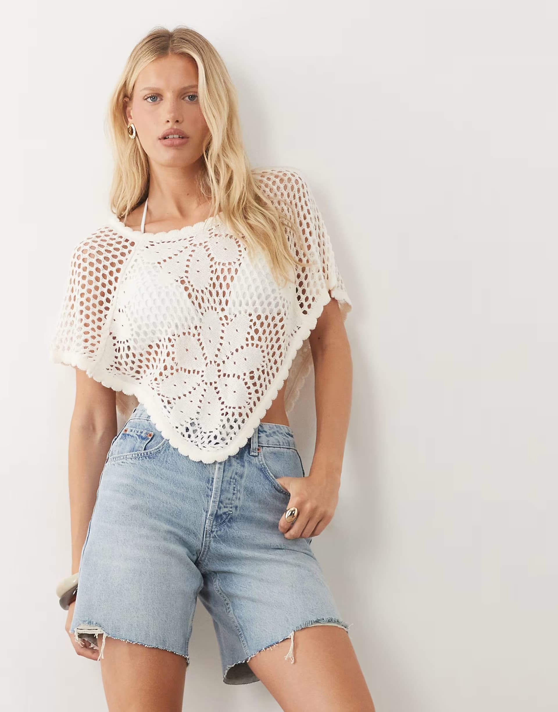 ASOS Miss Selfridge crochet floral poncho top in cream 