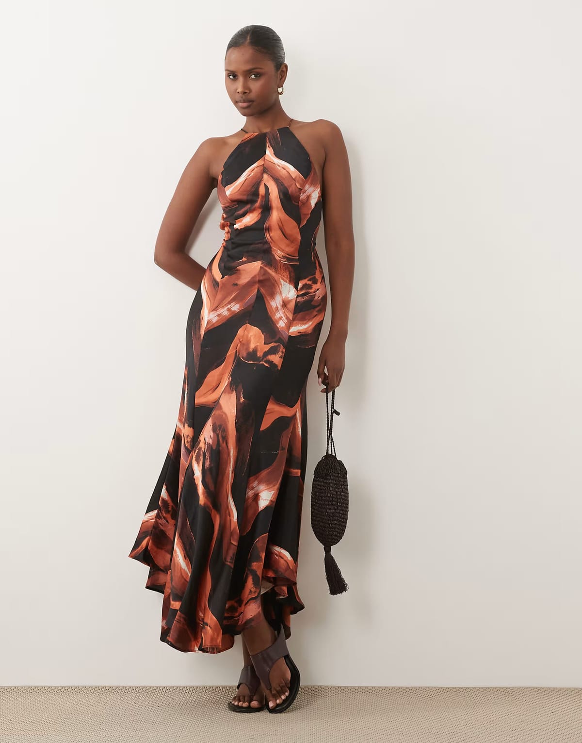 ASOS ASOS DESIGN seam detail open back strappy maxi dress in chocolate and rust abstract print - 1