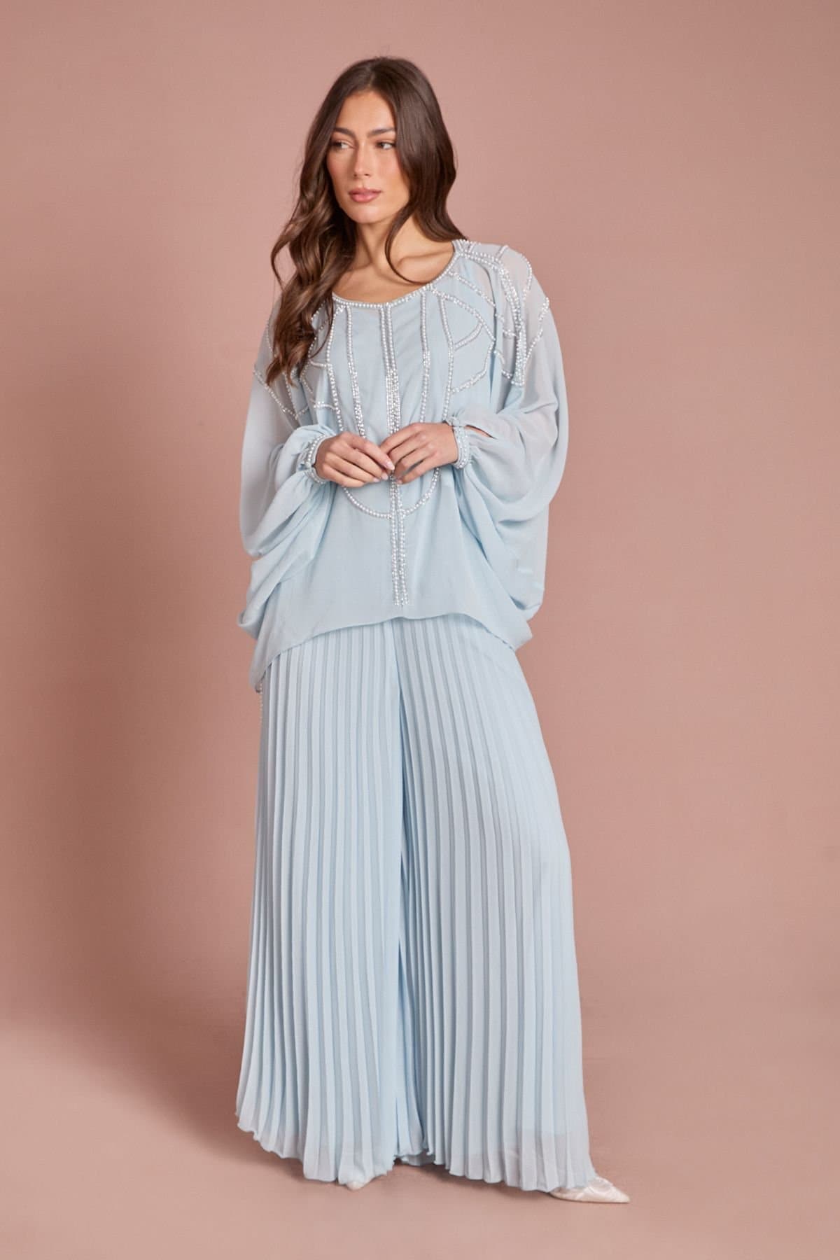 Coast Coast Women's Chiffon Pearl Detail Cape Sleeve Blouse Co Ord in Light Blue