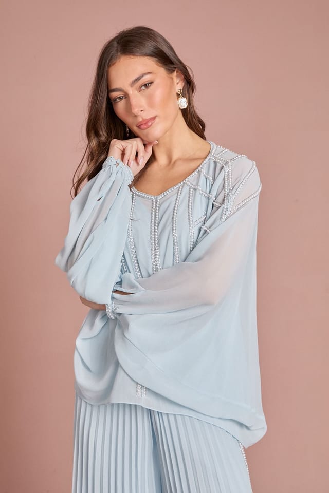 Coast Coast Women's Chiffon Pearl Detail Cape Sleeve Blouse Co Ord in Light Blue - 2