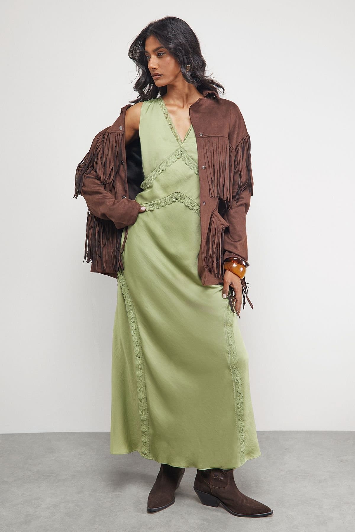 Warehouse Warehouse Women's Satin Contrast Lace Midi Slip Dress in Olive