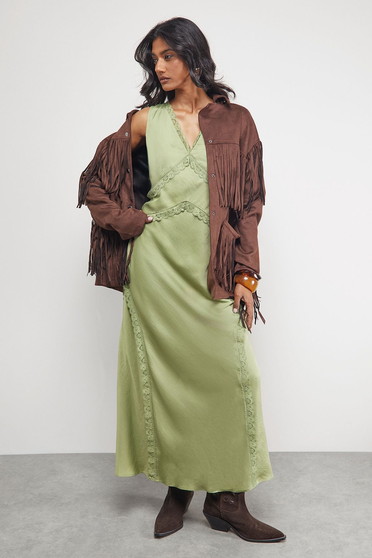 Warehouse Warehouse Women's Satin Contrast Lace Midi Slip Dress in Olive - 2