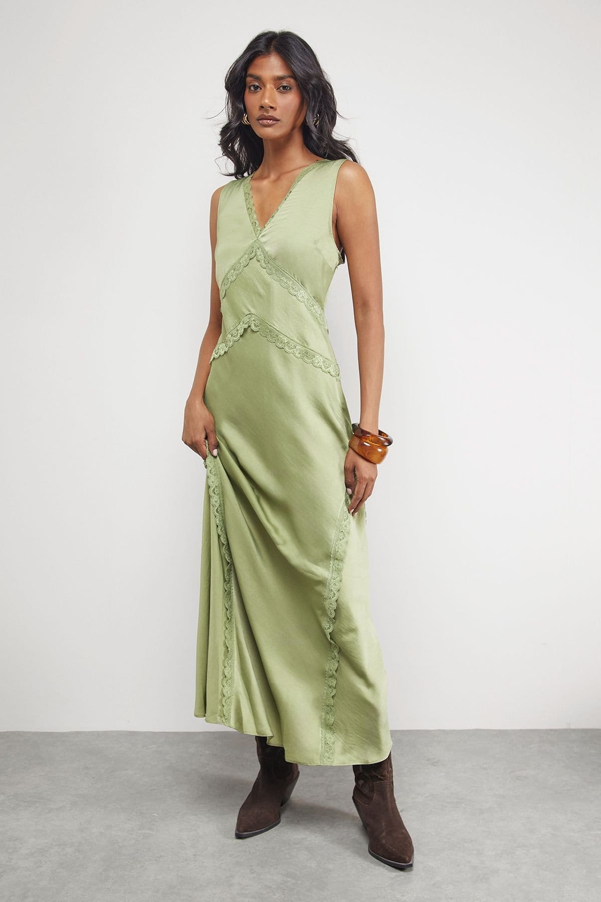 Warehouse Warehouse Women's Satin Contrast Lace Midi Slip Dress in Olive - 4