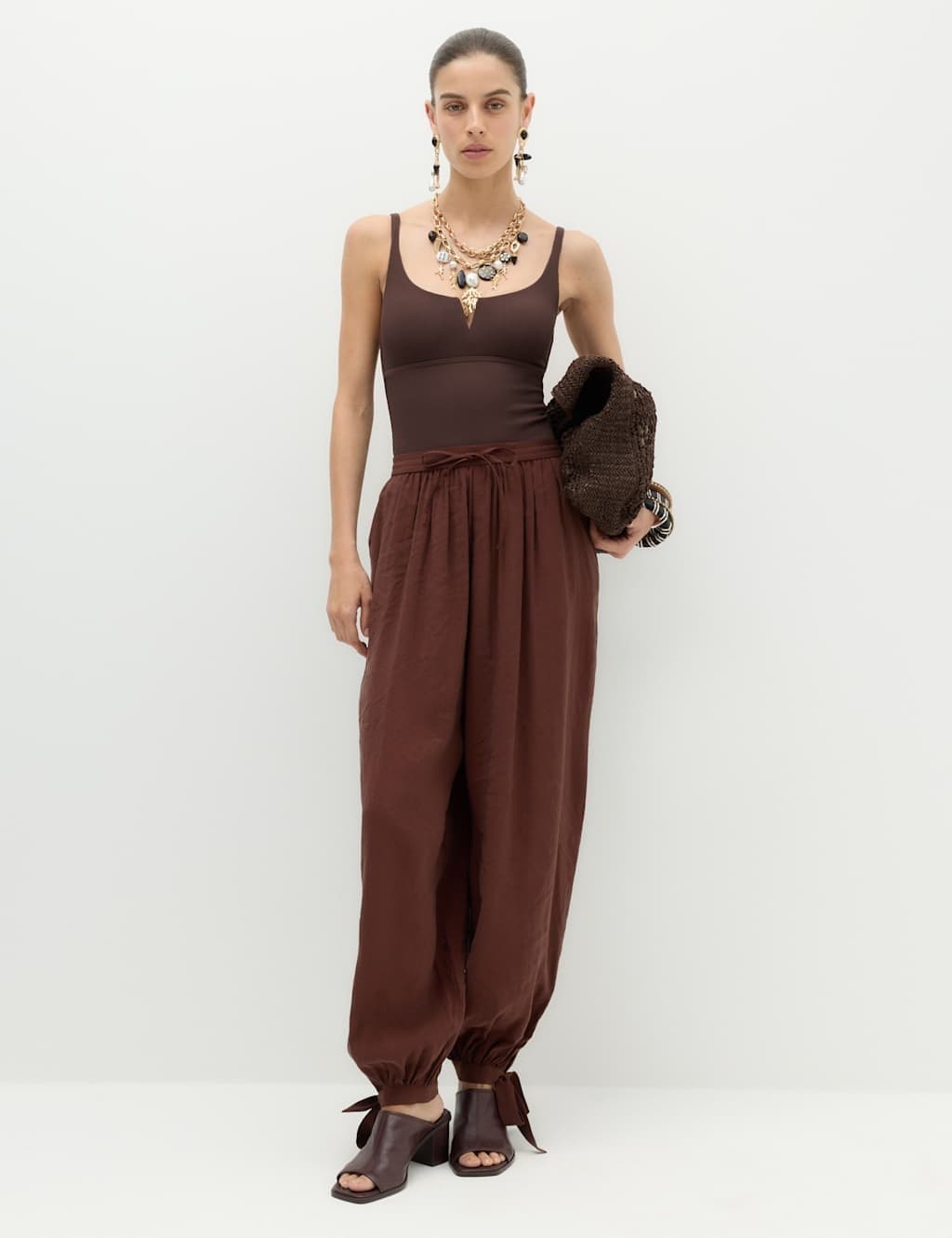 Marks & Spencer M&S Tie Hem Drawstring Balloon Trousers Brown