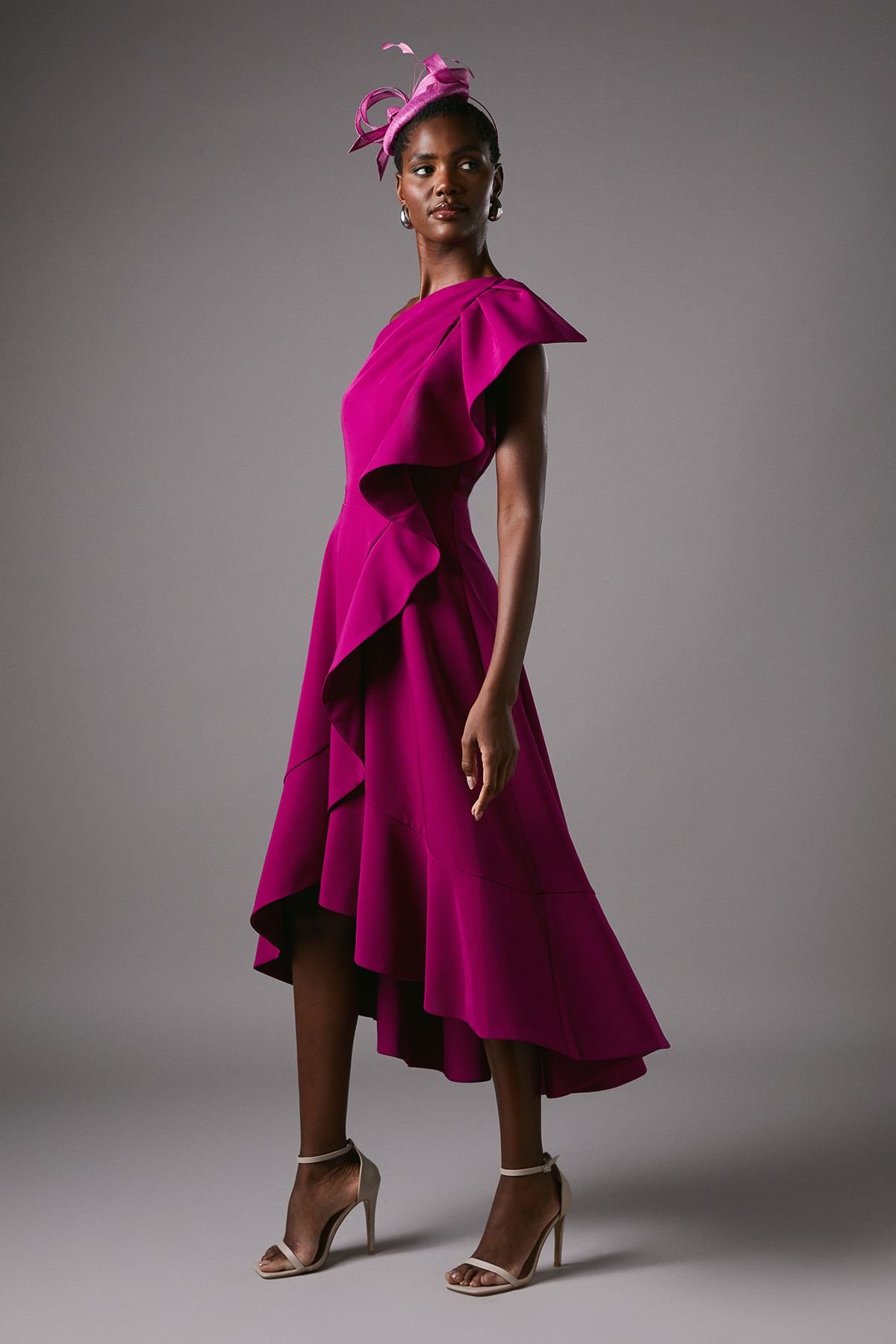 Coast Coast Women's One Shoulder Crepe Ruffle Midi Dress in Berry - 1