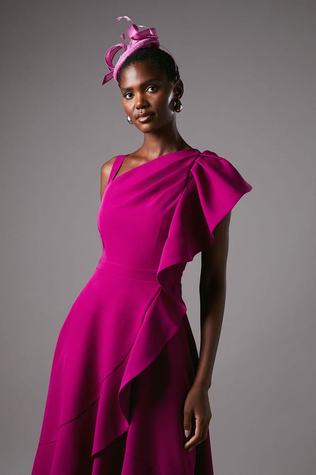 Coast Coast Women's One Shoulder Crepe Ruffle Midi Dress in Berry - 2
