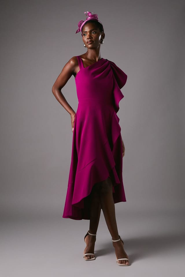 Coast Coast Women's One Shoulder Crepe Ruffle Midi Dress in Berry - 3