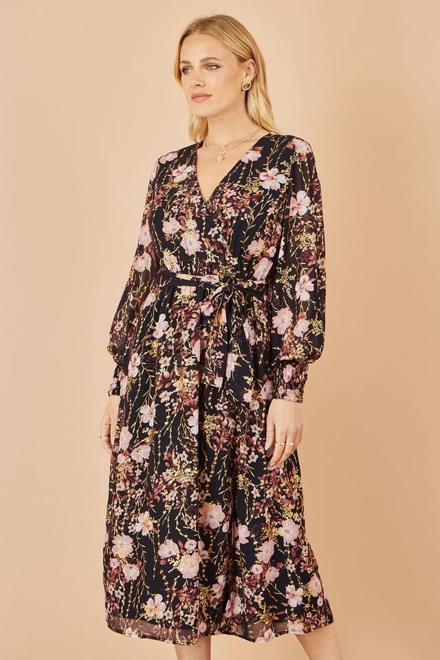 Yumi Yumi Women's Black Foiled Floral Print Wrap Midi Dress - 2