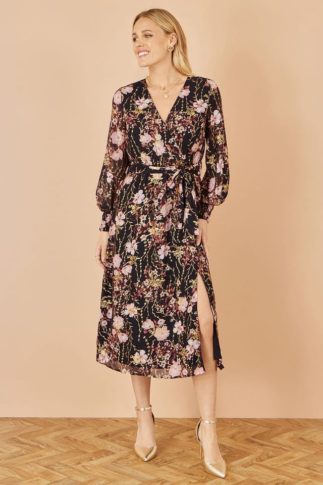 Yumi Yumi Women's Black Foiled Floral Print Wrap Midi Dress - 3