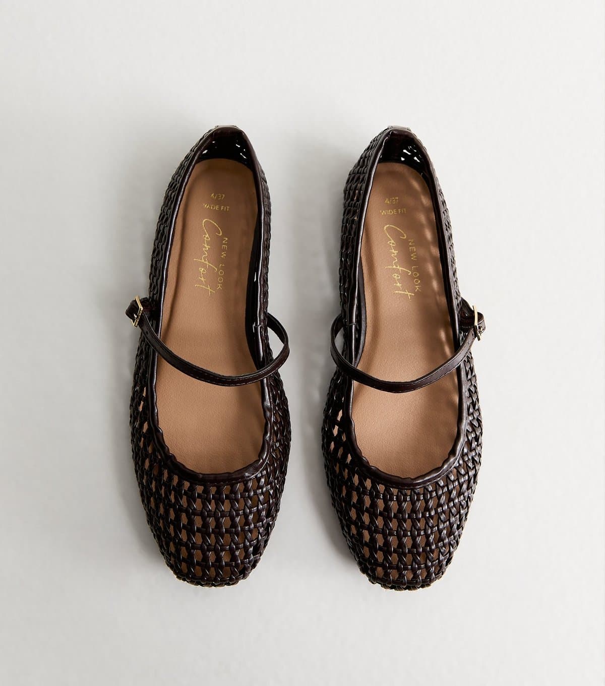 New Look Women's Wide Fit Chocolate Faux Leather Woven Mary Jane Pumps Vegan New Look