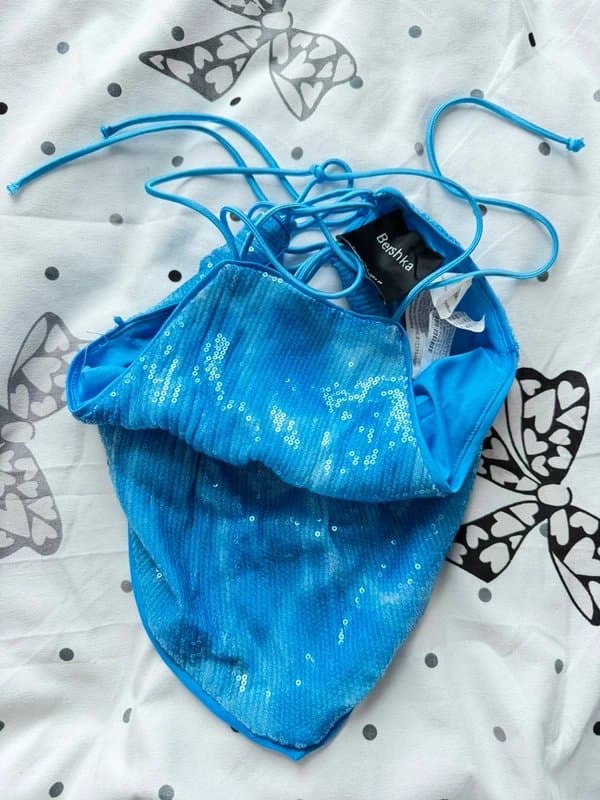Bershka Blue Sequin Adjustable Halterneck Top