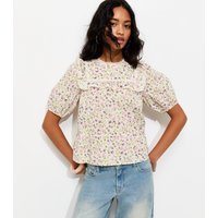 New Look Women's Cream Floral Lace Yoke Puff Sleeve Blouse New Look - 3