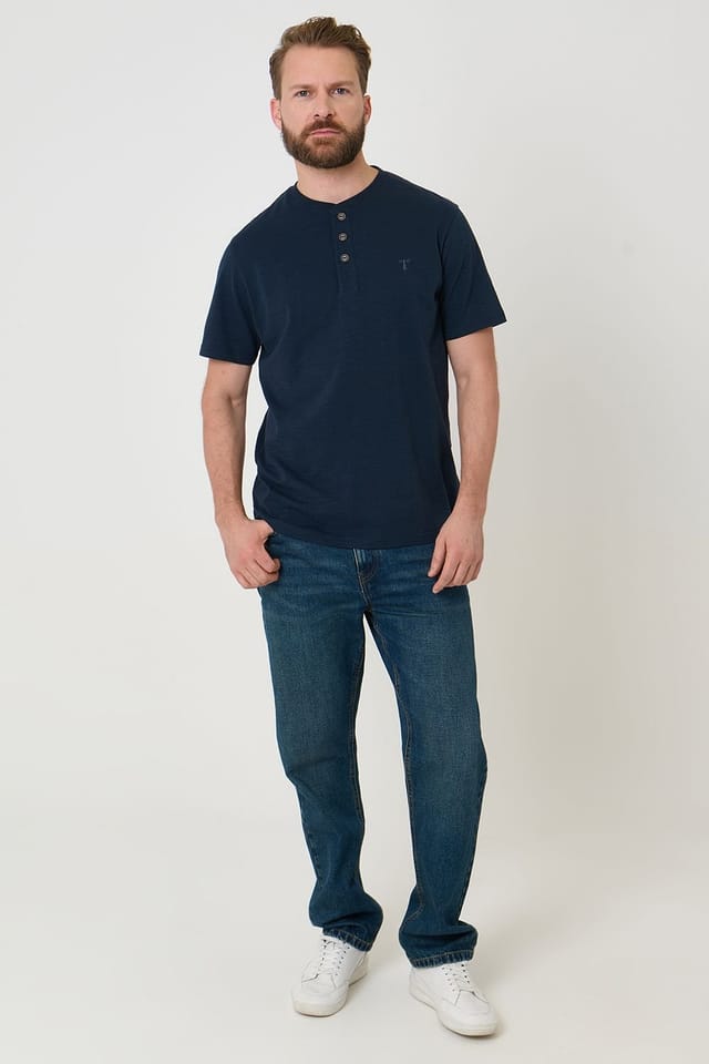 Saltwell Saltwell Men's Peached Cotton Grandad T-Shirt in Navy - 3