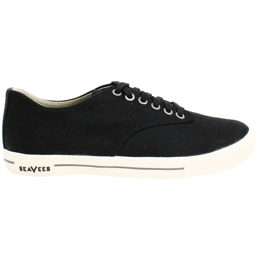 Seavees Seavees Men's Hermosa Plimsoll Standard Black Linen Lace-Up Black Synthetic Trainers - 2