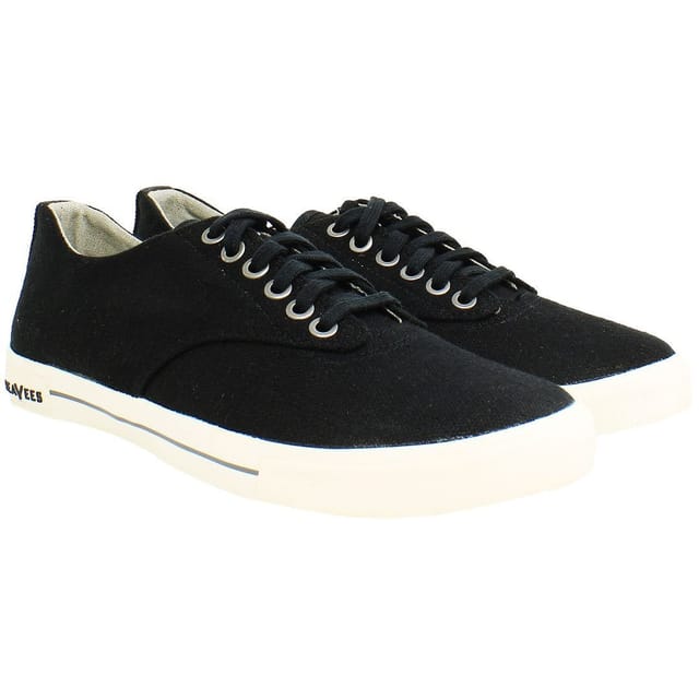 Seavees Seavees Men's Hermosa Plimsoll Standard Black Linen Lace-Up Black Synthetic Trainers - 2