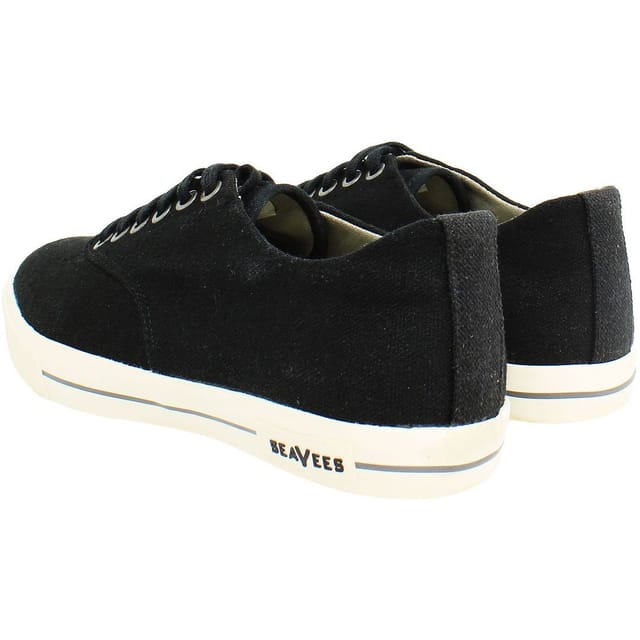 Seavees Seavees Men's Hermosa Plimsoll Standard Black Linen Lace-Up Black Synthetic Trainers - 3