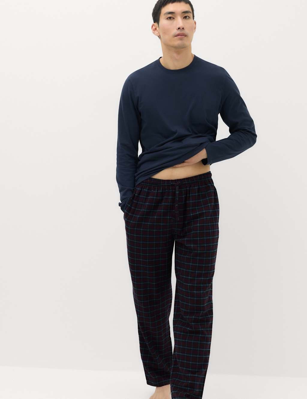 Marks & Spencer M&S Pure Cotton Brushed Check Pyjama Set Burgundy Mix
