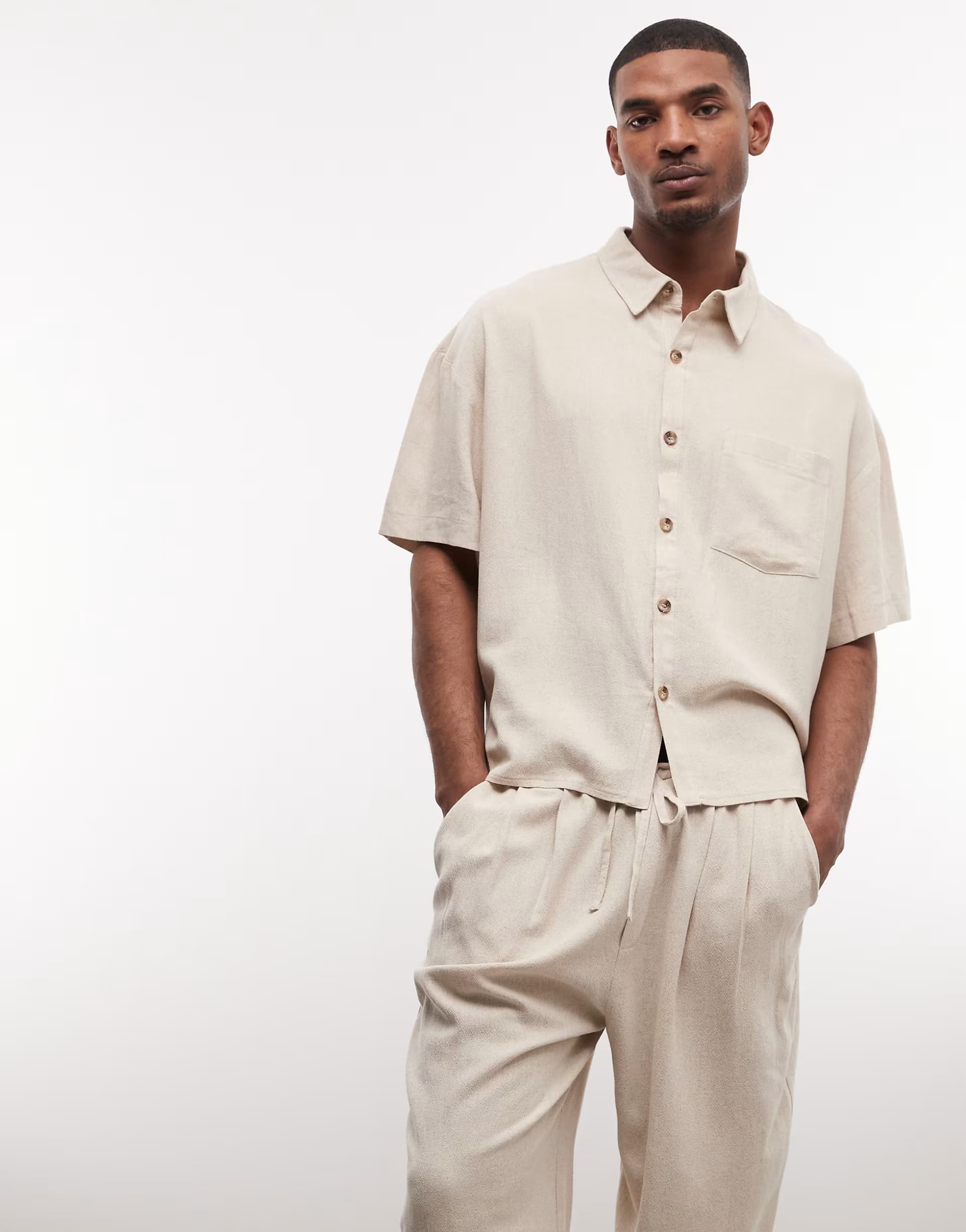 ASOS Reclaimed Vintage short sleeve cropped boxy linen shirt in neutral