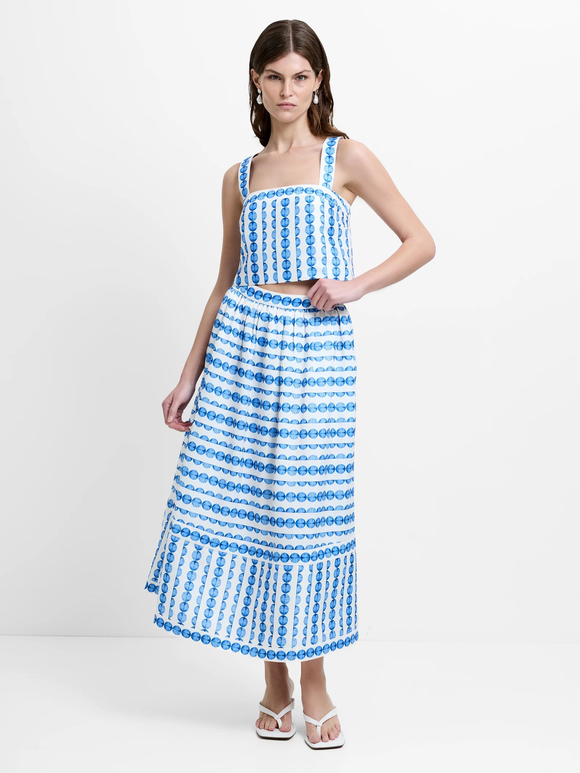 French Connection Structured Taffeta Shell Print Midi Skirt True Blue
