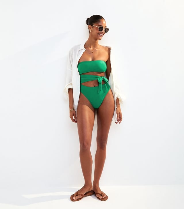 New Look Women's Bright Green Cut Out Belted Bandeau Swimsuit New Look - 3