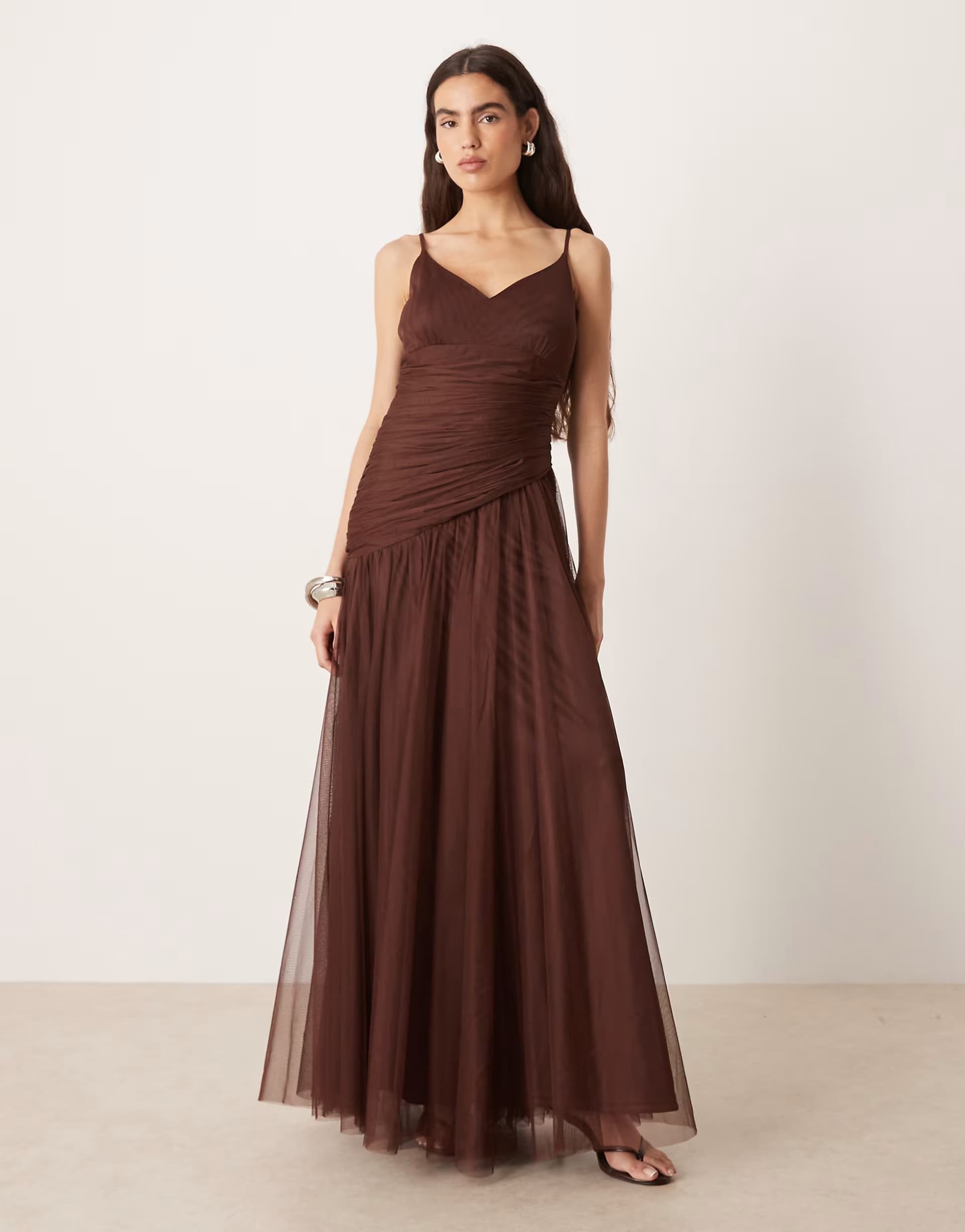 ASOS Lace & Beads tulle asymmetric drop waist maxi dress in chocolate brown