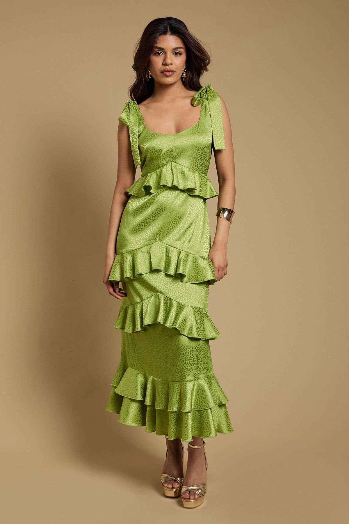 Oasis Oasis Women's Petite Printed Satin Jacquard Tiered Midi Dress in Chartreuse