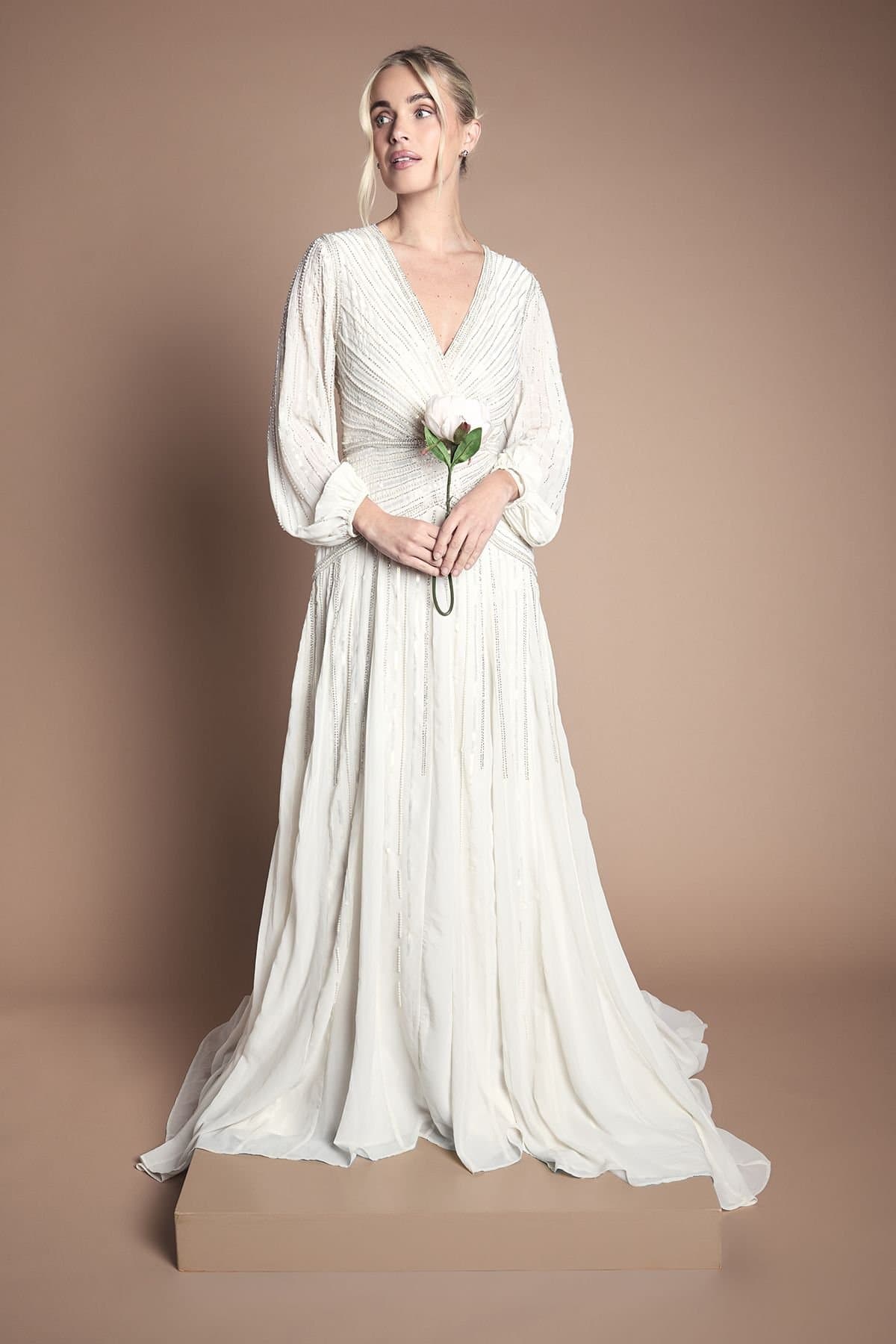 Coast Coast Women's Petite Long Sleeve Linear Embellished Wedding Dress in Ivory