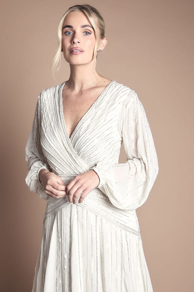 Coast Coast Women's Petite Long Sleeve Linear Embellished Wedding Dress in Ivory - 2