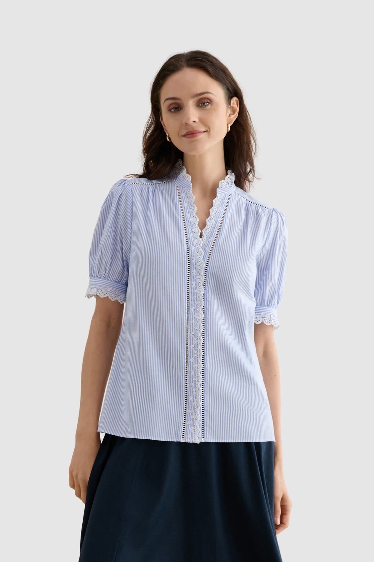 Hobbs London Hobbs London Women's Naima Scalloped Lace Trim Pintuck Blouse in Baby Blue