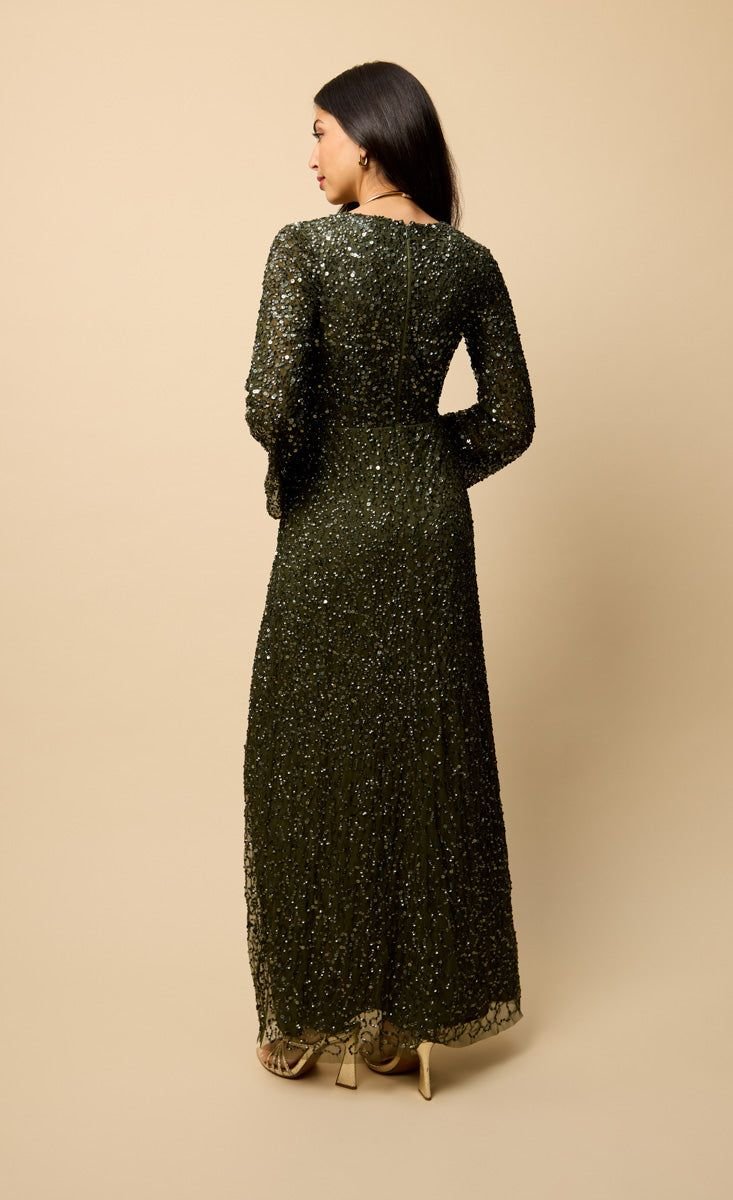 Little Mistress Little Mistress Women's Olive Wrap Embellished Maxi Dress - 2