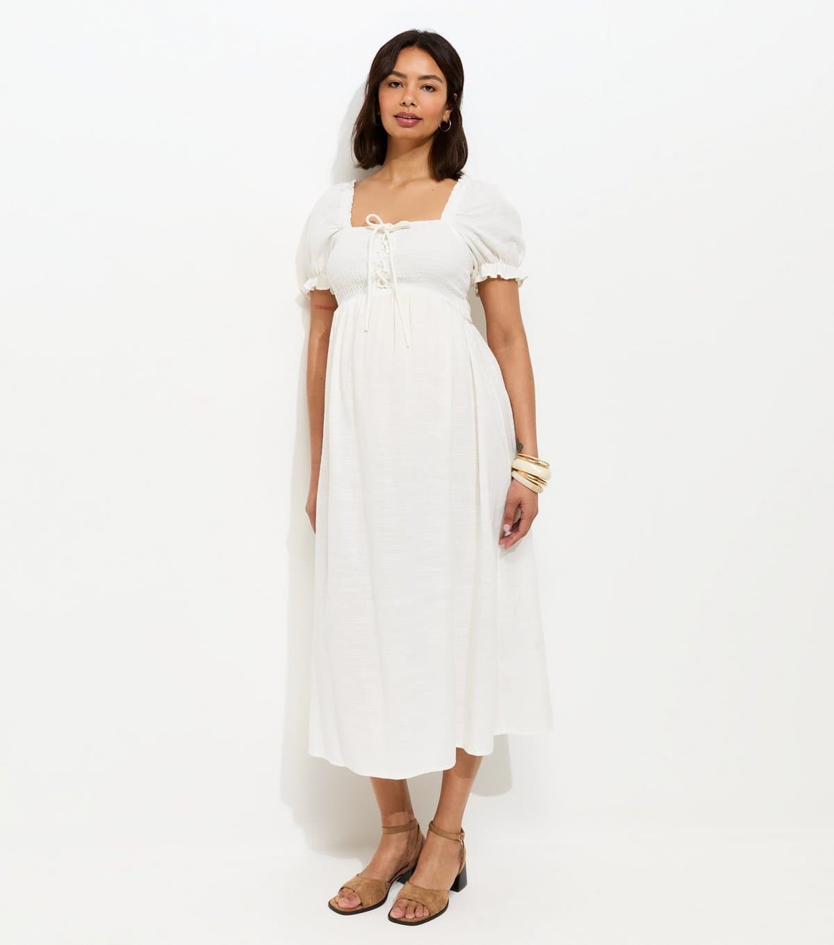 New Look Women's Maternity White Tie Front Shirred Midi Dress New Look