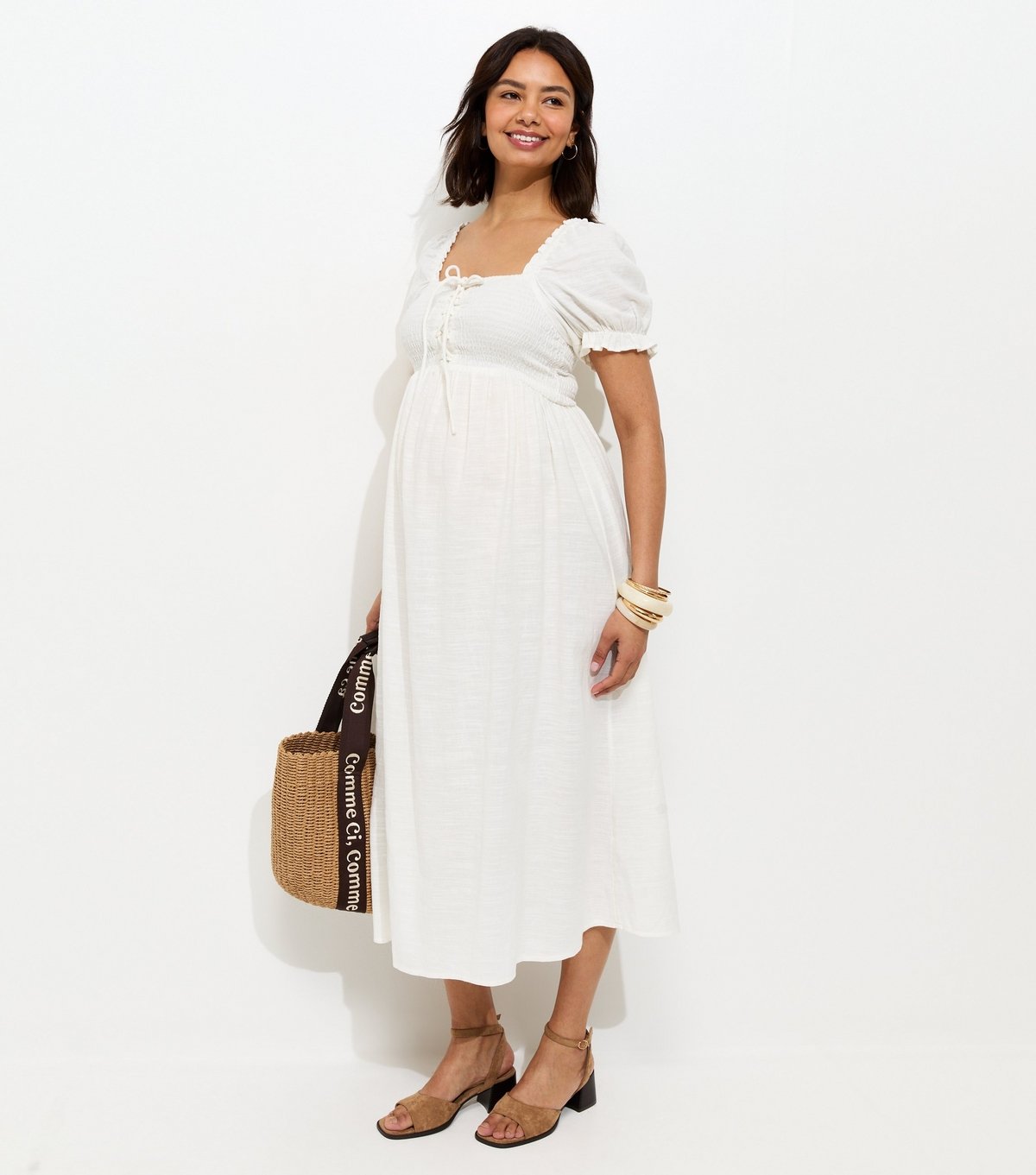 New Look Women's Maternity White Tie Front Shirred Midi Dress New Look - 3