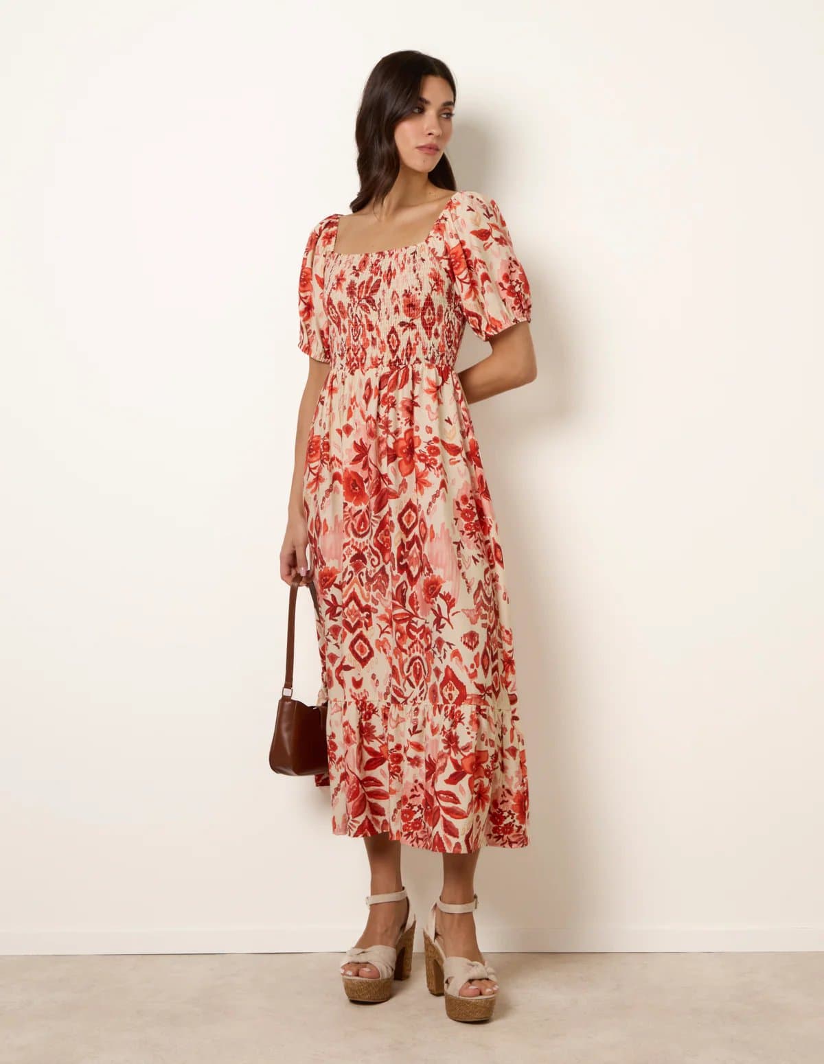 Blue Vanilla Watercolour Floral Shirred Puff Sleeve Midi Dress
