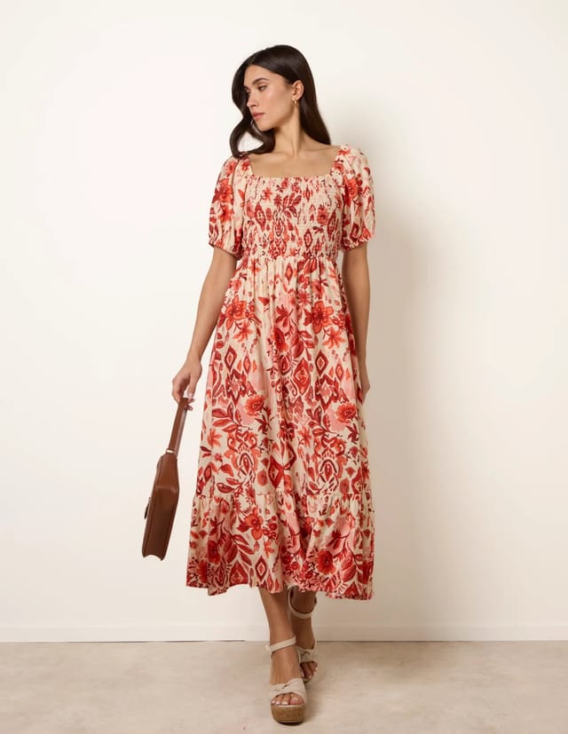 Blue Vanilla Watercolour Floral Shirred Puff Sleeve Midi Dress - 2