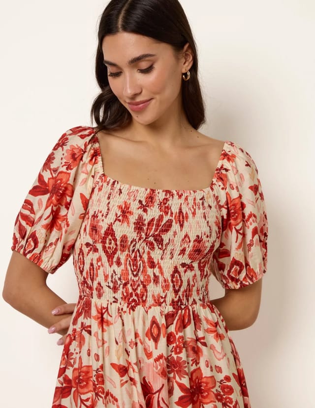 Blue Vanilla Watercolour Floral Shirred Puff Sleeve Midi Dress - 3