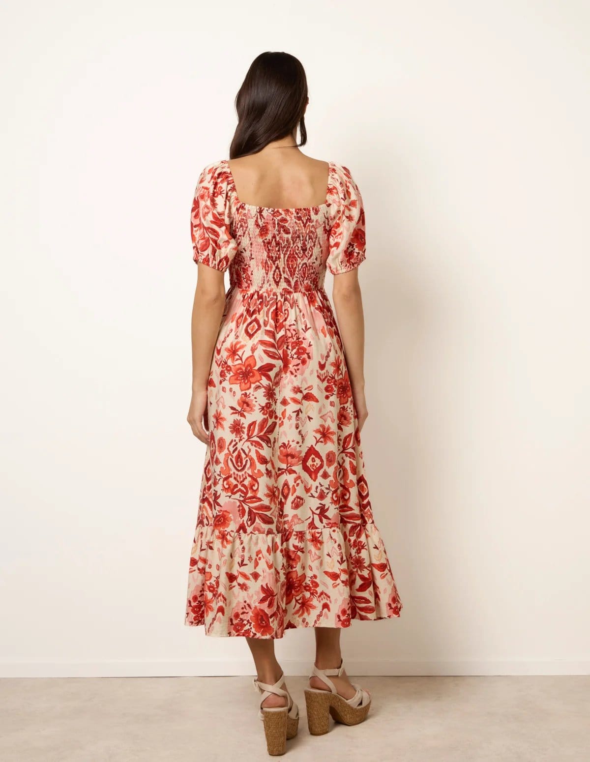 Blue Vanilla Watercolour Floral Shirred Puff Sleeve Midi Dress - 4