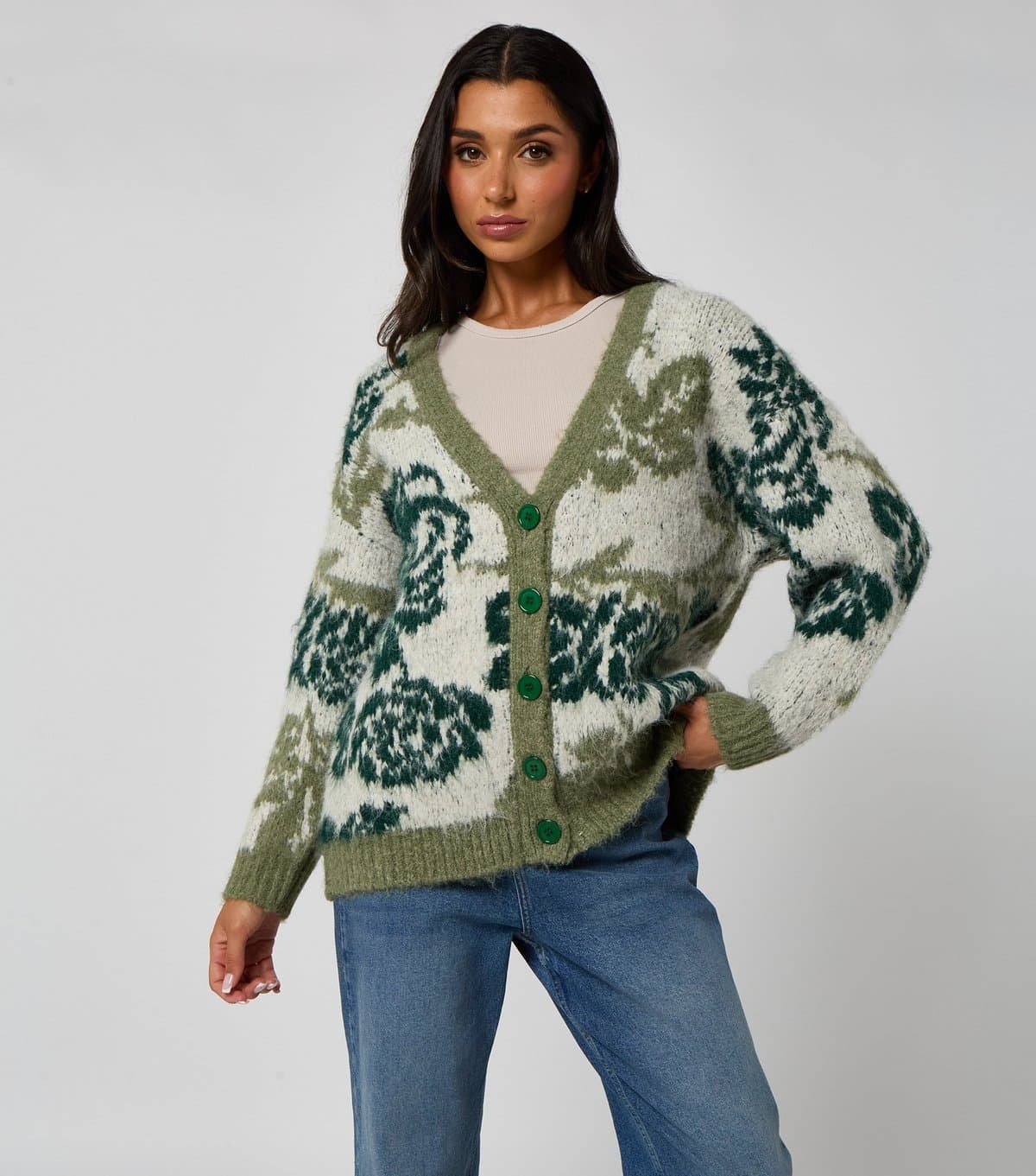 Urban Bliss Women's Green Floral Chunky Knit Cardigan Urban Bliss New Look