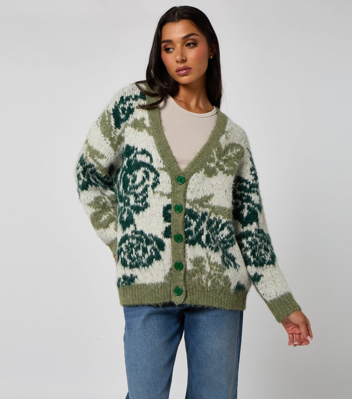 Urban Bliss Women's Green Floral Chunky Knit Cardigan Urban Bliss New Look - 2