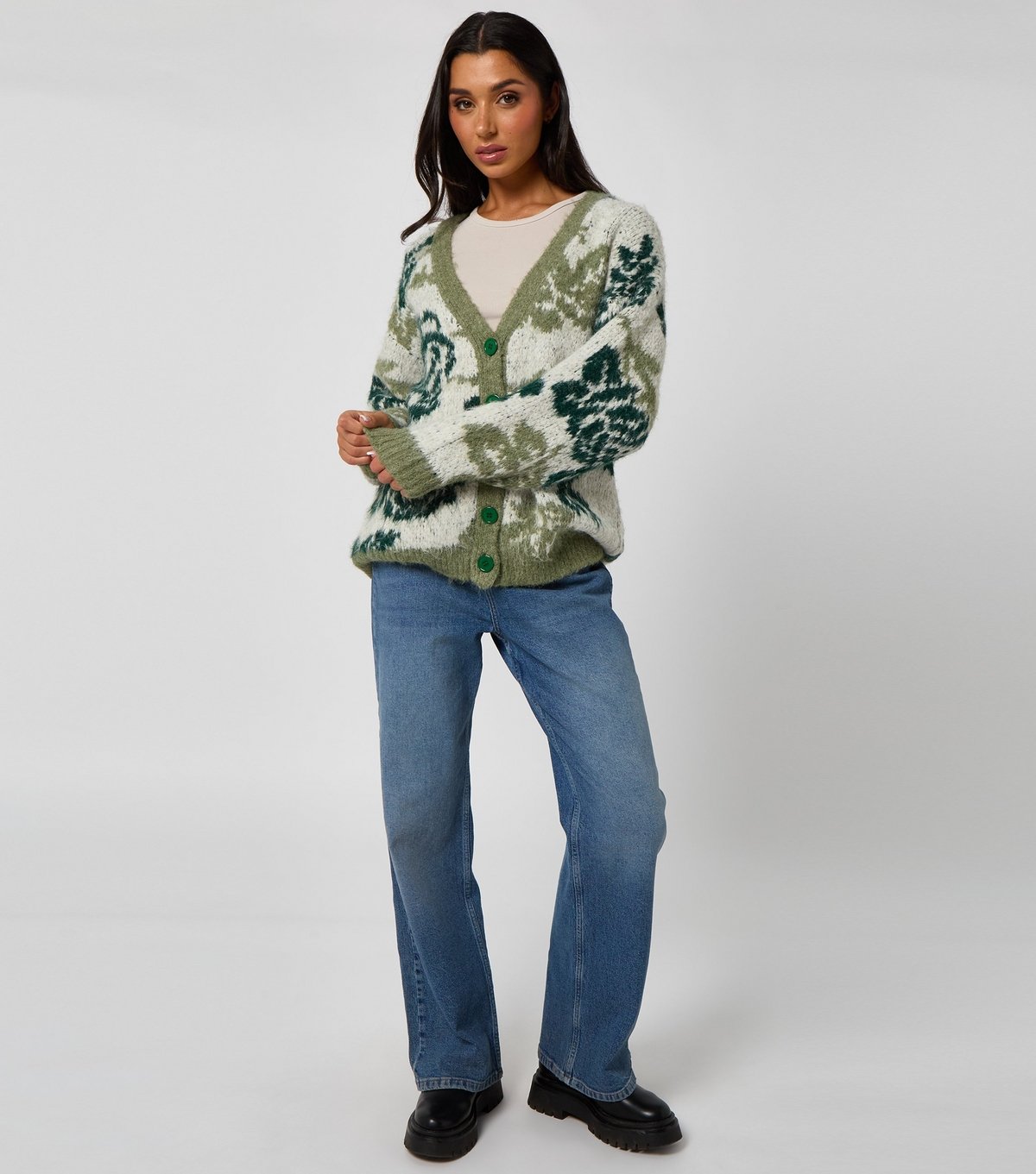 Urban Bliss Women's Green Floral Chunky Knit Cardigan Urban Bliss New Look - 3