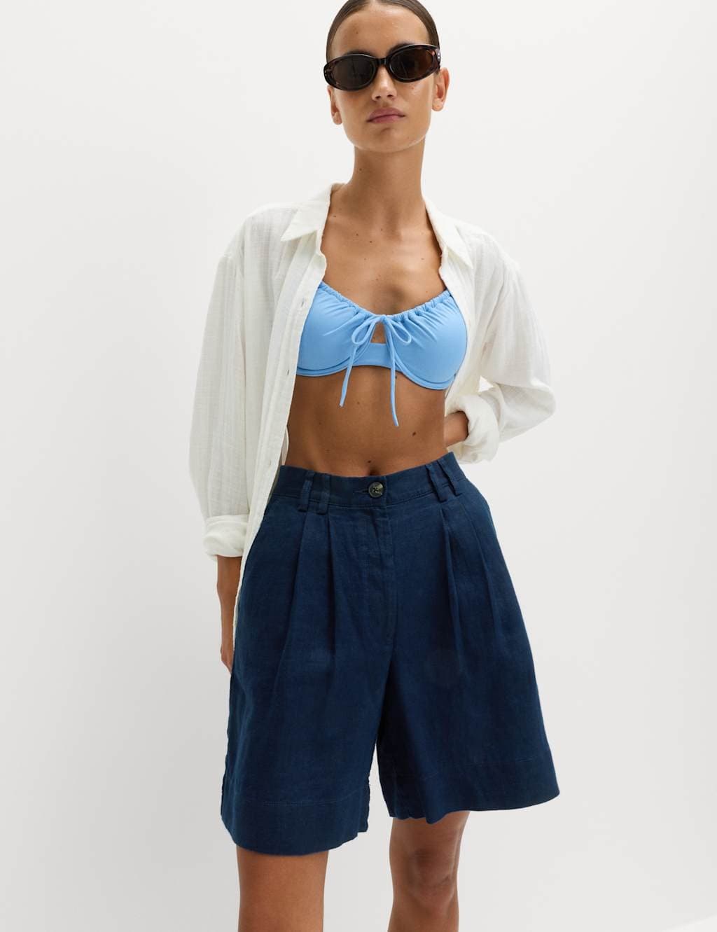 Marks & Spencer M&S Pure Linen High Waisted Shorts Navy