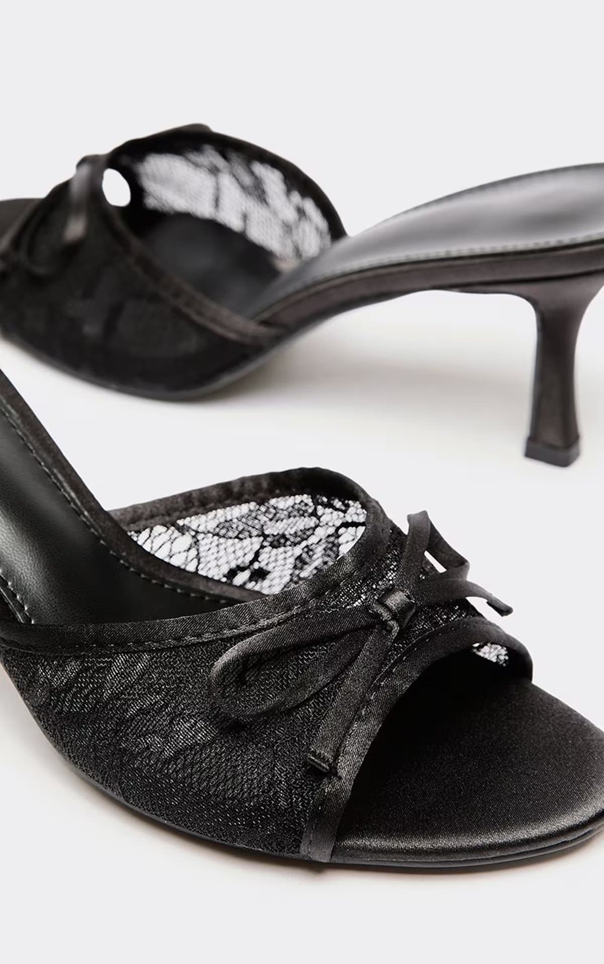 EGO Liela Bow Detail Lace Strap Heeled Mule In Black Satin, Women's Size UK 3