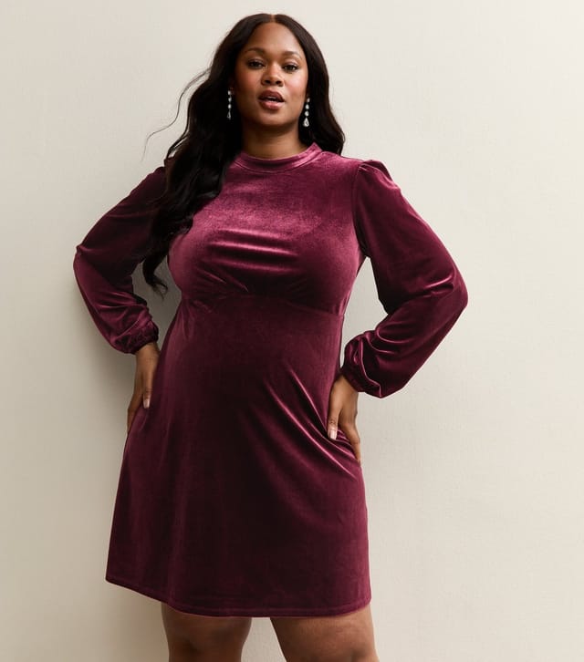 New Look Women's Plus Size Burgundy Velvet Bow Back Mini Dress Curves New Look - 2