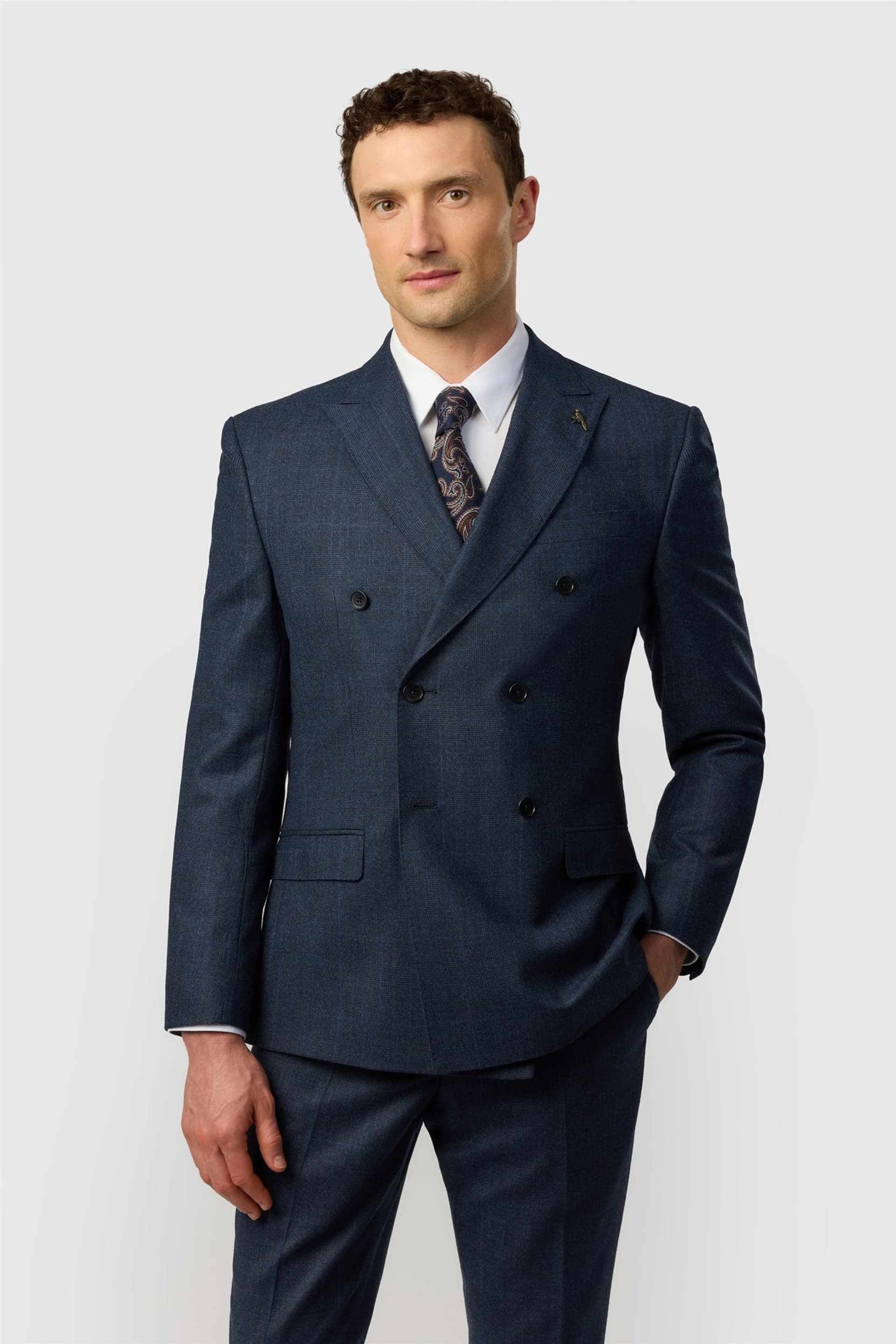 Ted Baker Ted Baker Men's Double Breasted Six Button Checked Tailored Suit Jacket in Dark Blue